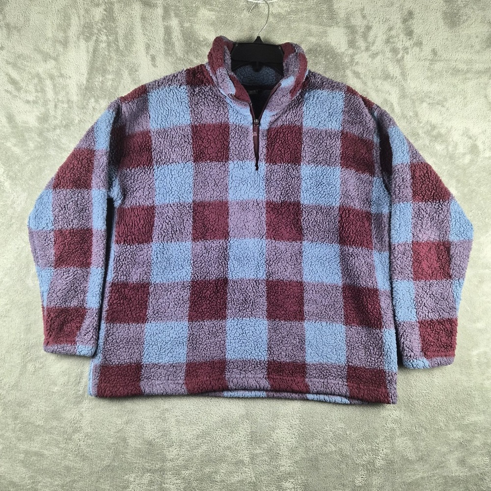Eddie Bauer Sherpa Fleece Pullover Womens XL Blue Burgundy Buffalo Plaid 1/4 Zip